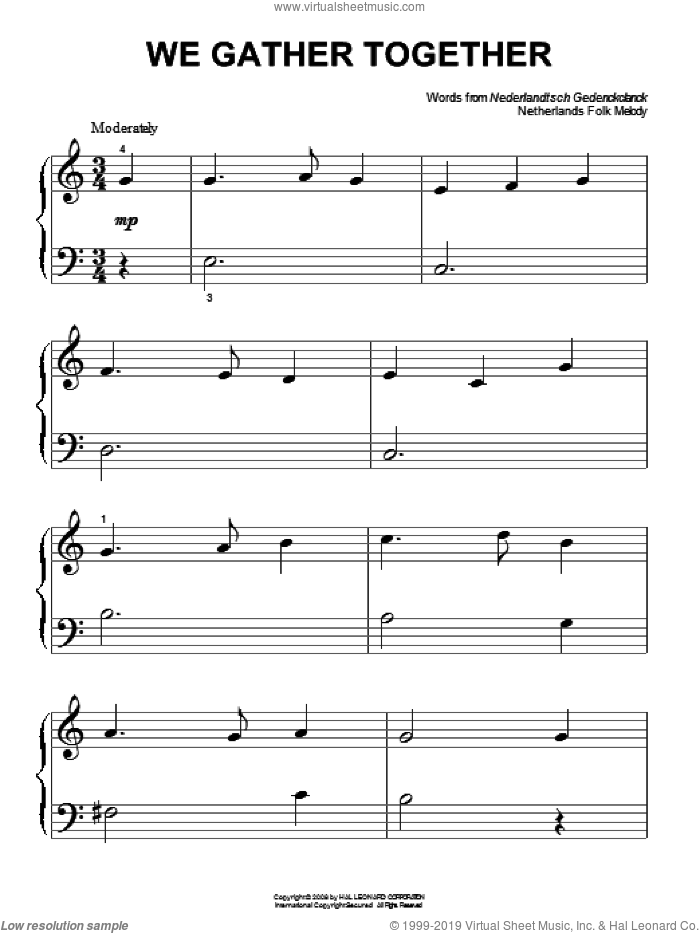 We Gather Together sheet music for piano solo by Nederlandtsch Gedenckclanck and Theodore Baker, beginner skill level