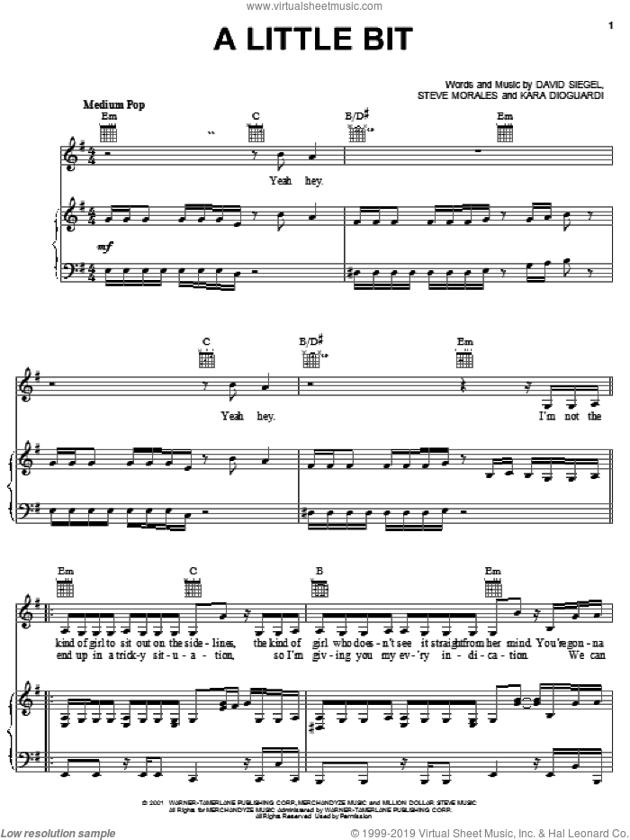 A Little Bit sheet music for voice, piano or guitar by Jessica Simpson, David Siegel, Kara DioGuardi and Steve Morales, intermediate skill level