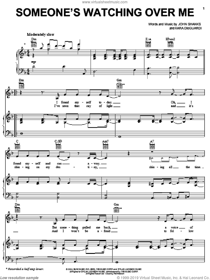 Someone's Watching Over Me sheet music for voice, piano or guitar by Hilary Duff, John Shanks and Kara DioGuardi, intermediate skill level