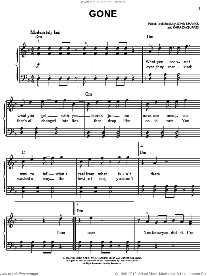 Gone sheet music for piano solo by Kelly Clarkson, John Shanks and Kara DioGuardi, easy skill level
