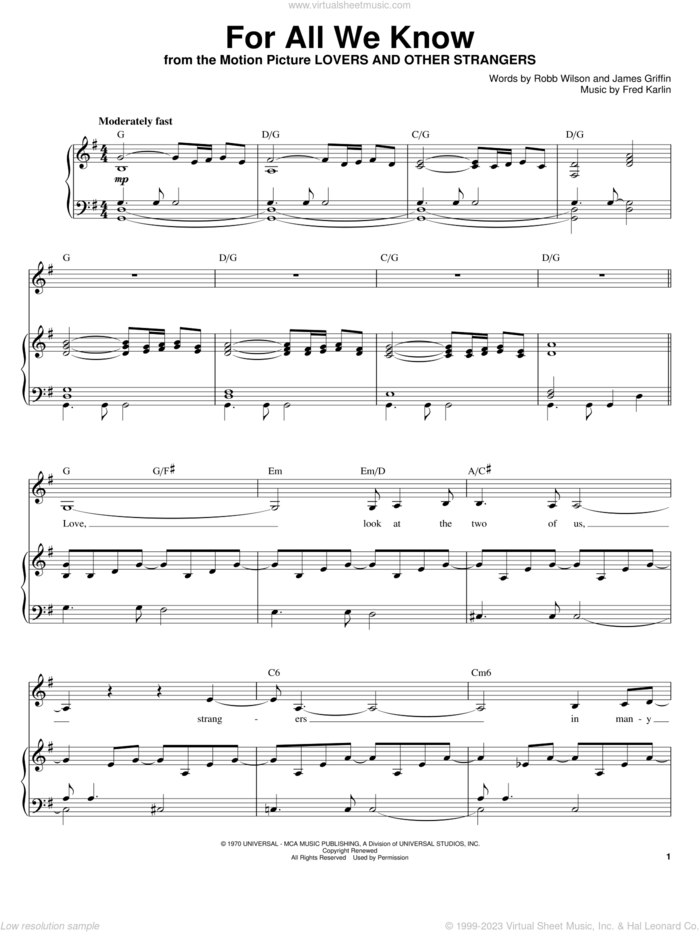 For All We Know sheet music for voice and piano by Carpenters, Fred Karlin, James Griffin and Robb Wilson, wedding score, intermediate skill level