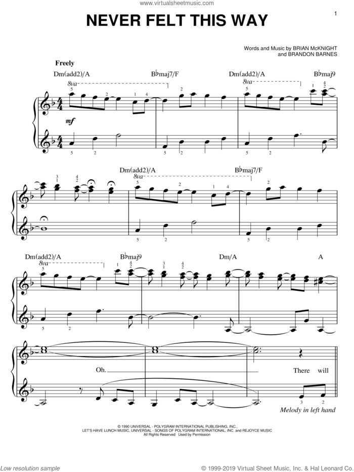 Never Felt This Way sheet music for piano solo by Brian McKnight, Alicia Keys and Brandon Barnes, easy skill level