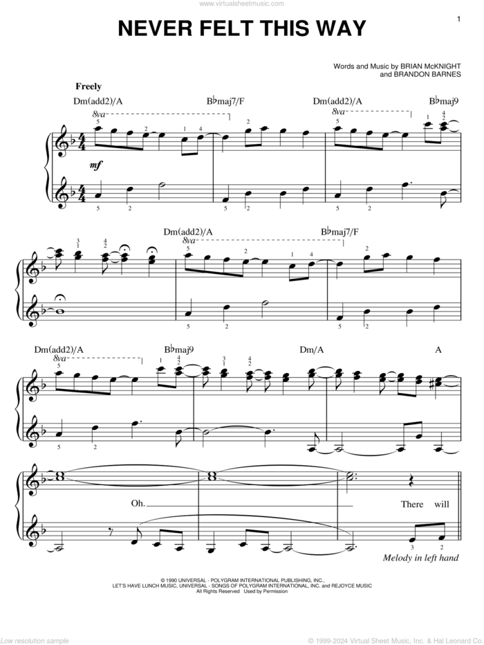 Never Felt This Way sheet music for piano solo by Brian McKnight, Alicia Keys and Brandon Barnes, easy skill level