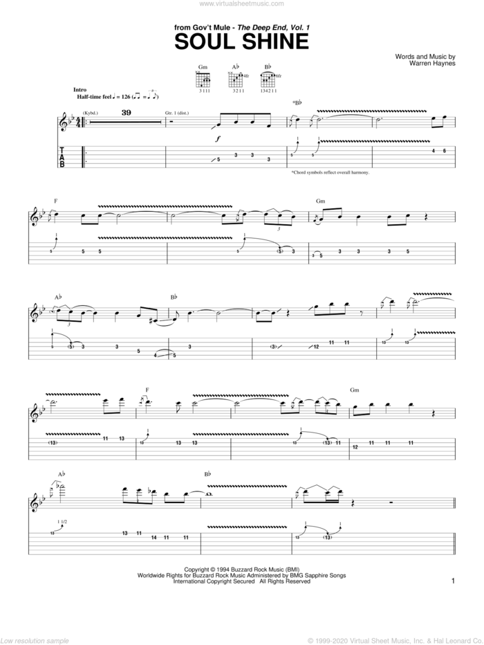 Soul Shine sheet music for guitar (tablature) by Gov't Mule, The Allman Brothers Band, Allman Brothers Band and Warren Haynes, intermediate skill level