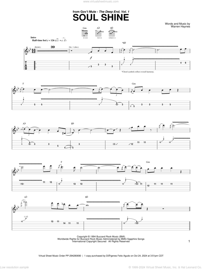 Soul Shine sheet music for guitar (tablature) by Gov't Mule, The Allman Brothers Band, Allman Brothers Band and Warren Haynes, intermediate skill level