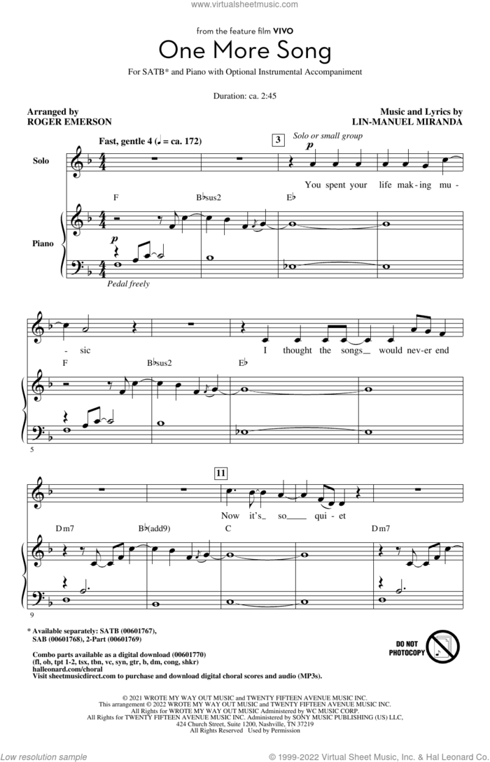 One More Song (from Vivo) (arr. Roger Emerson) sheet music for choir (SATB: soprano, alto, tenor, bass) by Lin-Manuel Miranda and Roger Emerson, intermediate skill level
