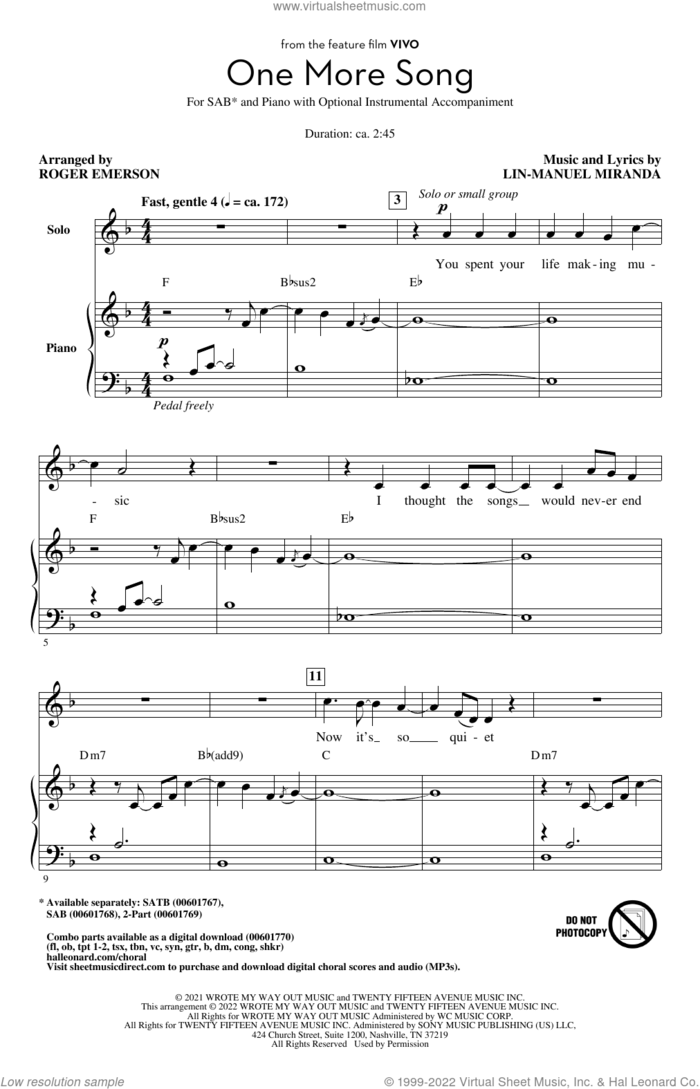 One More Song (from Vivo) (arr. Roger Emerson) sheet music for choir (SAB: soprano, alto, bass) by Lin-Manuel Miranda and Roger Emerson, intermediate skill level