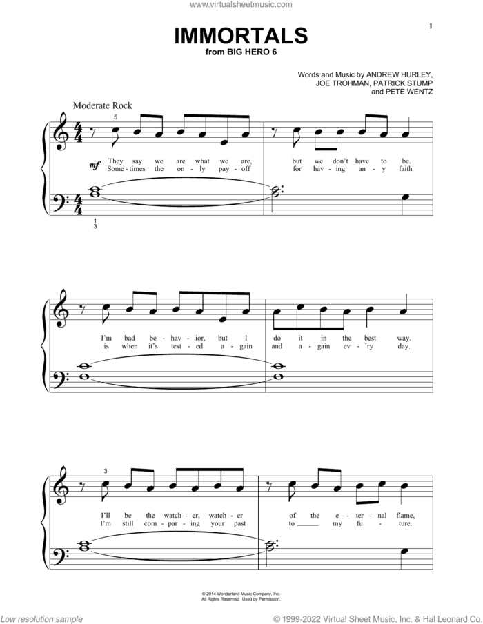 Immortals (from Big Hero 6) sheet music for piano solo (big note book) by Fall Out Boy, Andrew Hurley, Joe Trohman, Patrick Stump and Pete Wentz, easy piano (big note book)