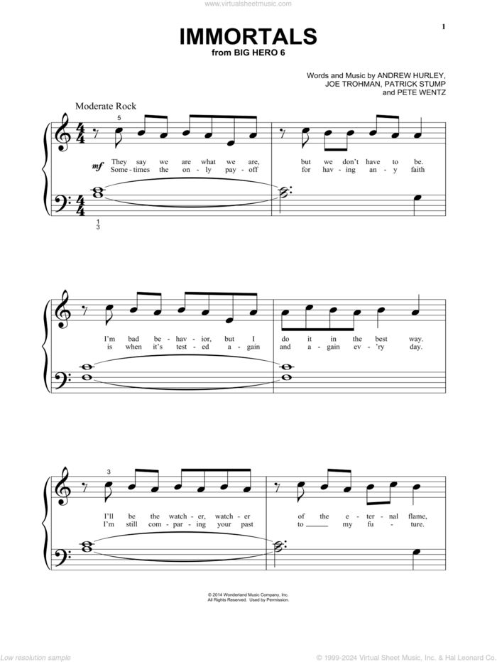 Immortals (from Big Hero 6), (beginner) sheet music for piano solo by Fall Out Boy, Andrew Hurley, Joe Trohman, Patrick Stump and Pete Wentz, beginner skill level