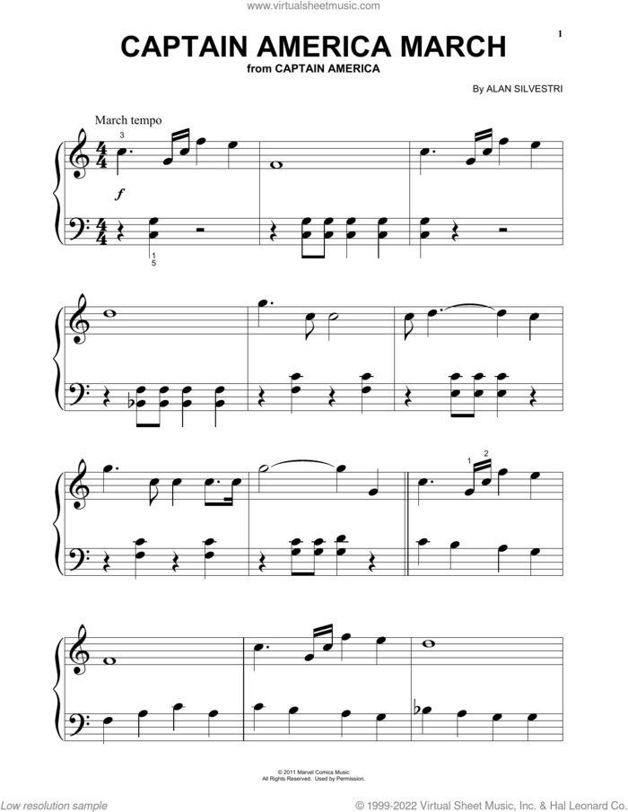 Captain America March (from Captain America) sheet music for piano solo by Alan Silvestri, beginner skill level