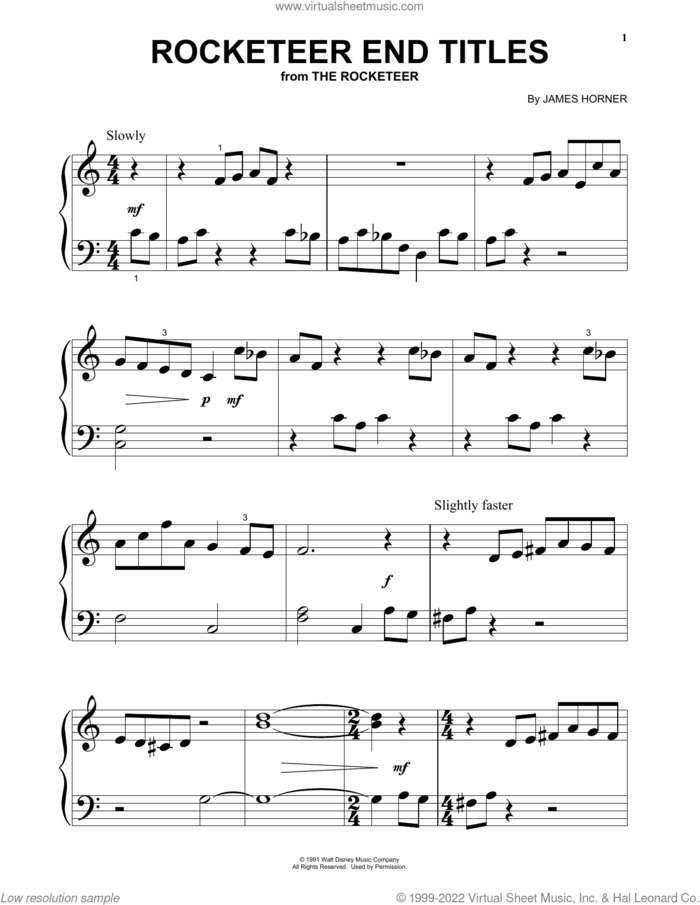 Rocketeer End Titles (from The Rocketeer) sheet music for piano solo by James Horner, beginner skill level