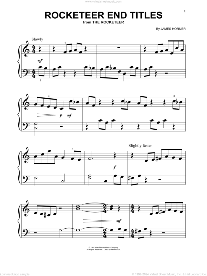 Rocketeer End Titles (from The Rocketeer) sheet music for piano solo by James Horner, beginner skill level