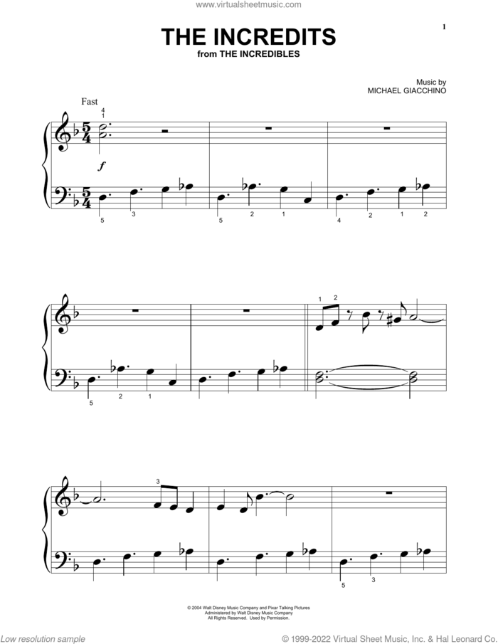 The Incredits (from The Incredibles) sheet music for piano solo by Michael Giacchino, beginner skill level