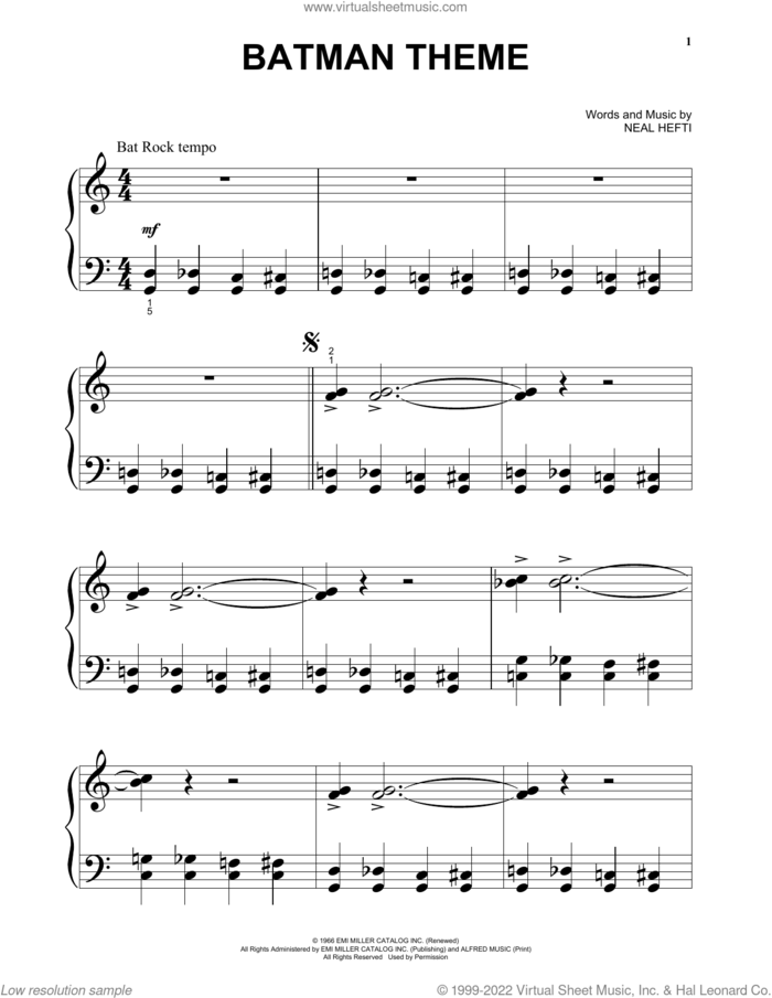 Batman Theme, (beginner) sheet music for piano solo by Neal Hefti and Marketts, beginner skill level