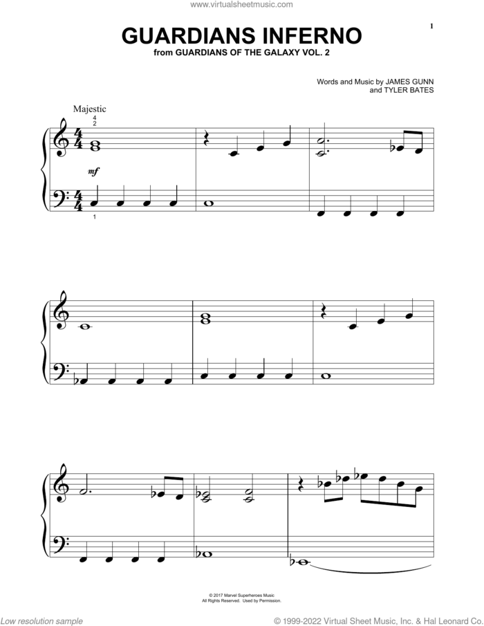 Guardians Inferno (from Guardians Of The Galaxy Vol. 2) sheet music for piano solo by Tyler Bates and James Gunn, beginner skill level