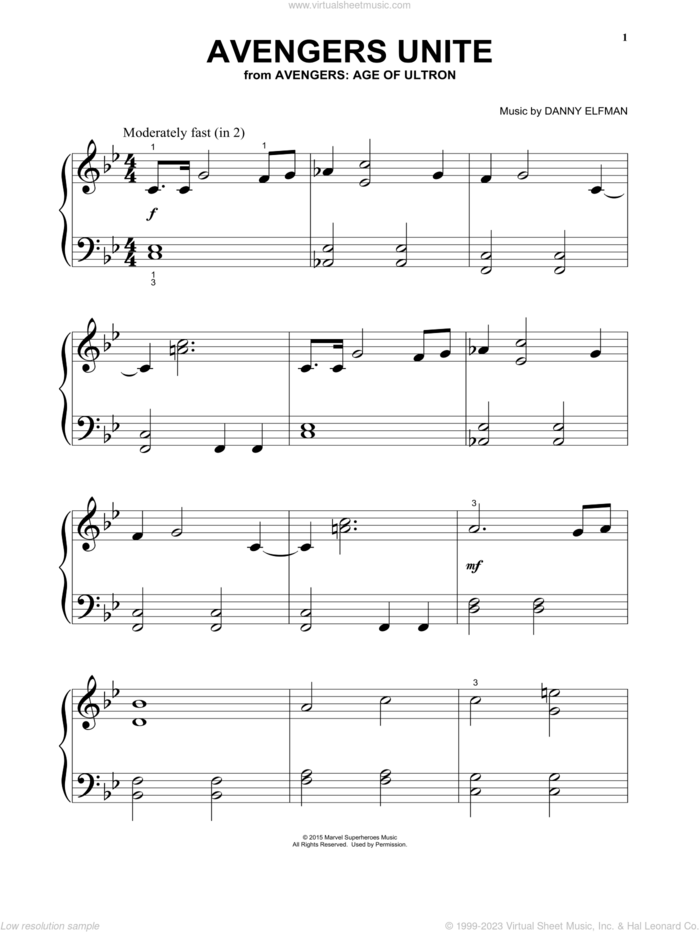 Avengers Unite (from Avengers: Age Of Ultron) sheet music for piano solo by Danny Elfman, beginner skill level