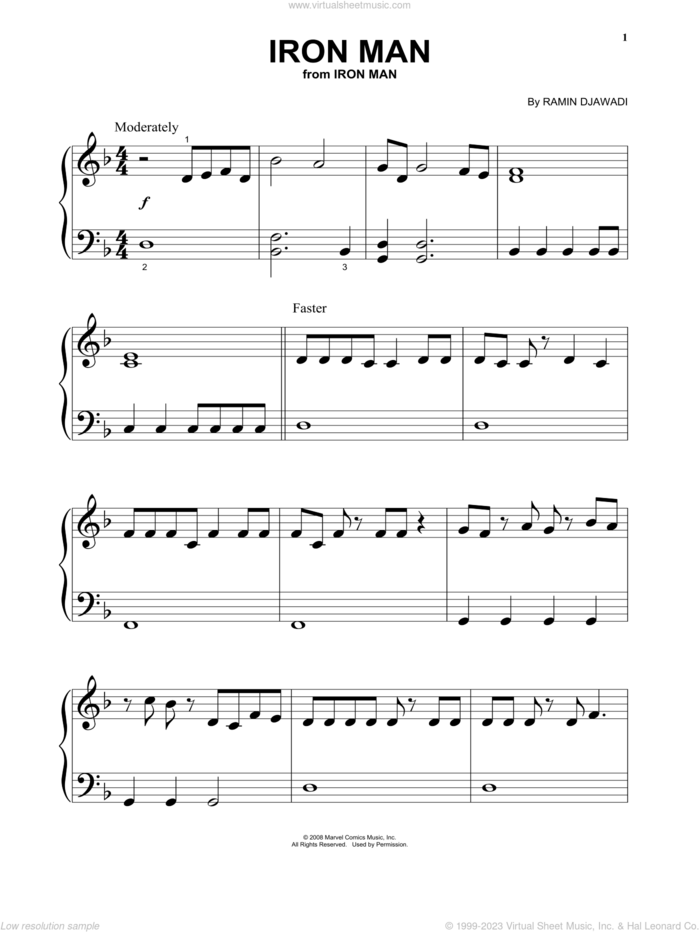Iron Man (from Iron Man) sheet music for piano solo by Ramin Djawadi, beginner skill level