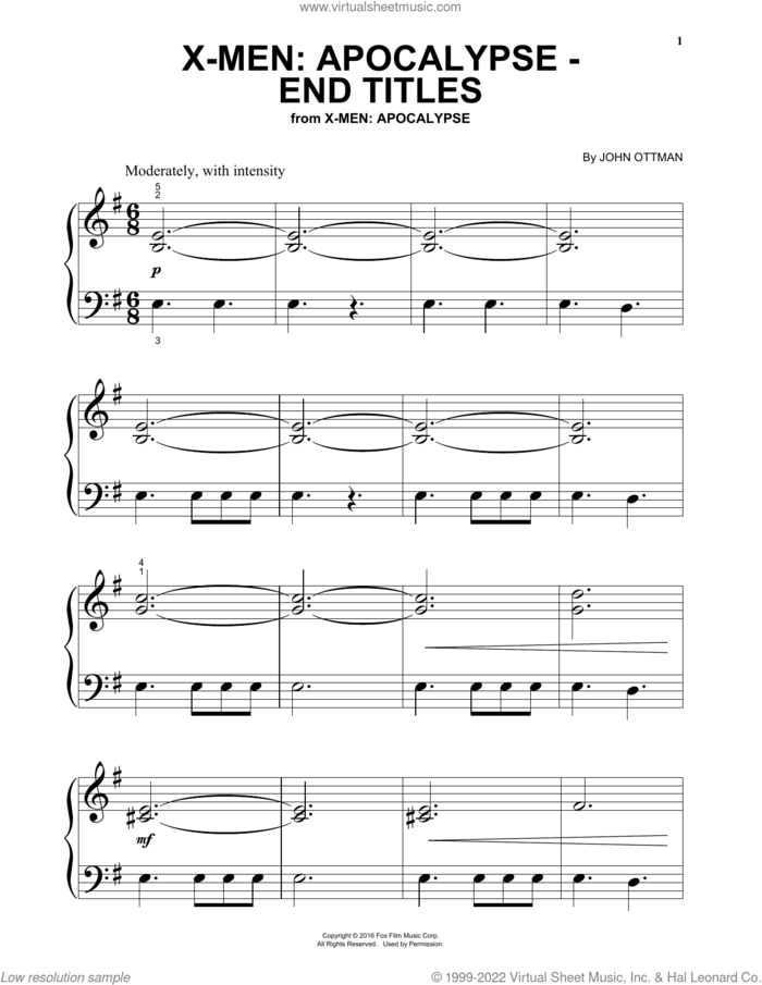 X-Men: Apocalypse - End Titles sheet music for piano solo by John Ottman, beginner skill level