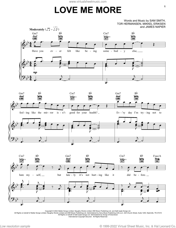 Love Me More sheet music for voice, piano or guitar by Sam Smith and James Napier, intermediate skill level