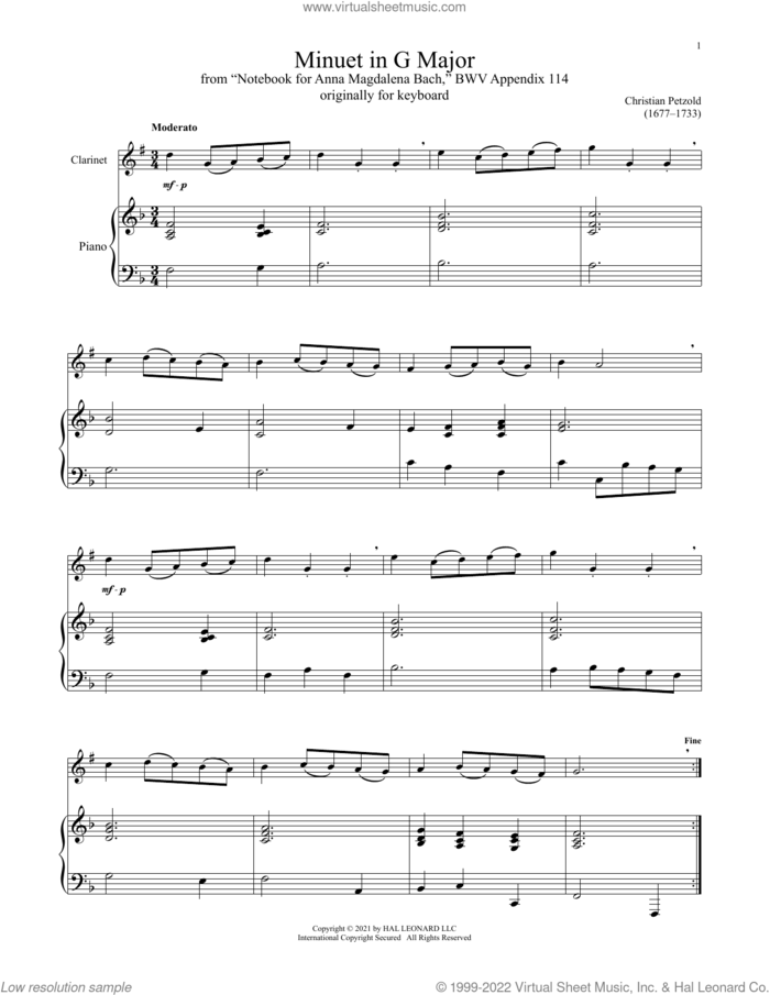 Minuet In G Major, BWV Anh. 114 sheet music for clarinet and piano by Christian Petzold, classical score, intermediate skill level