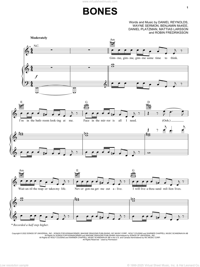 Bones sheet music for voice, piano or guitar by Imagine Dragons, Benjamin Arthur Mckee, Daniel Coulter Reynolds, Daniel James Platzman, Daniel Wayne Sermon, Mattias Larsson, Robin Fredriksson and Wayne Sermon, intermediate skill level