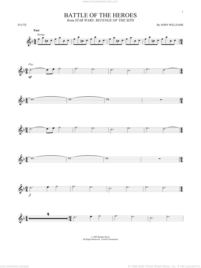 Battle Of The Heroes (from Star Wars: Revenge Of The Sith) sheet music for flute solo by John Williams, intermediate skill level