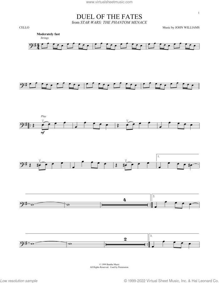 Duel Of The Fates (from Star Wars: The Phantom Menace) sheet music for cello solo by John Williams, intermediate skill level