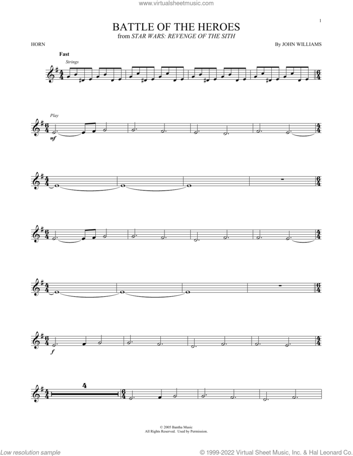 Battle Of The Heroes (from Star Wars: Revenge Of The Sith) sheet music for horn solo by John Williams, intermediate skill level