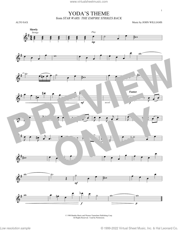 Yoda's Theme (from Star Wars: The Empire Strikes Back) sheet music for alto saxophone solo by John Williams, intermediate skill level