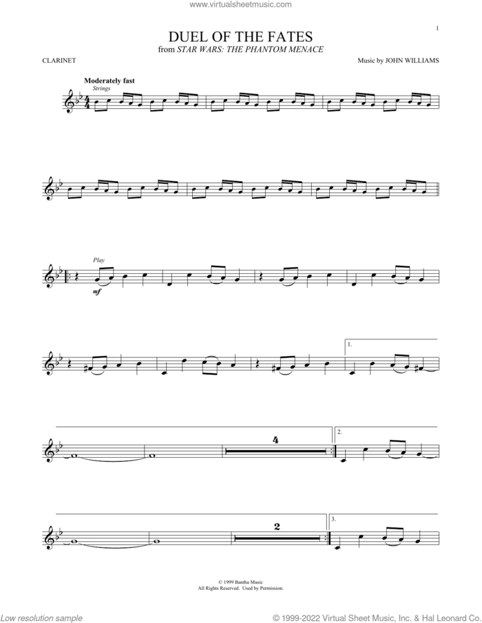 Duel Of The Fates (from Star Wars: The Phantom Menace) sheet music for clarinet solo by John Williams, intermediate skill level