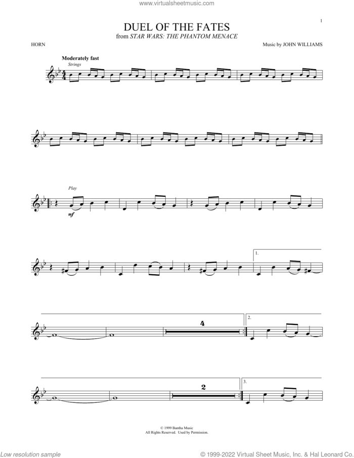 Duel Of The Fates (from Star Wars: The Phantom Menace) sheet music for horn solo by John Williams, intermediate skill level