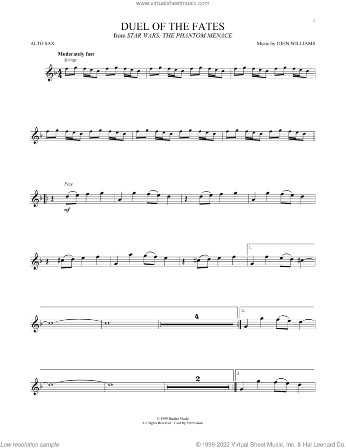 Duel Of The Fates (from Star Wars: The Phantom Menace) sheet music for alto saxophone solo by John Williams, intermediate skill level