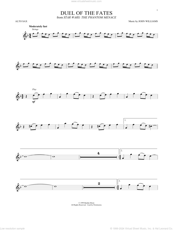 Duel Of The Fates (from Star Wars: The Phantom Menace) sheet music for alto saxophone solo by John Williams, intermediate skill level