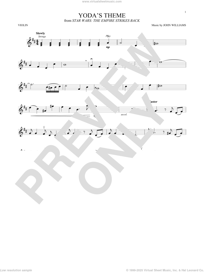 Yoda's Theme (from Star Wars: The Empire Strikes Back) sheet music for violin solo by John Williams, intermediate skill level