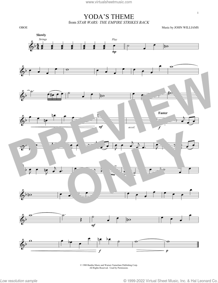 Yoda's Theme (from Star Wars: The Empire Strikes Back) sheet music for oboe solo by John Williams, intermediate skill level