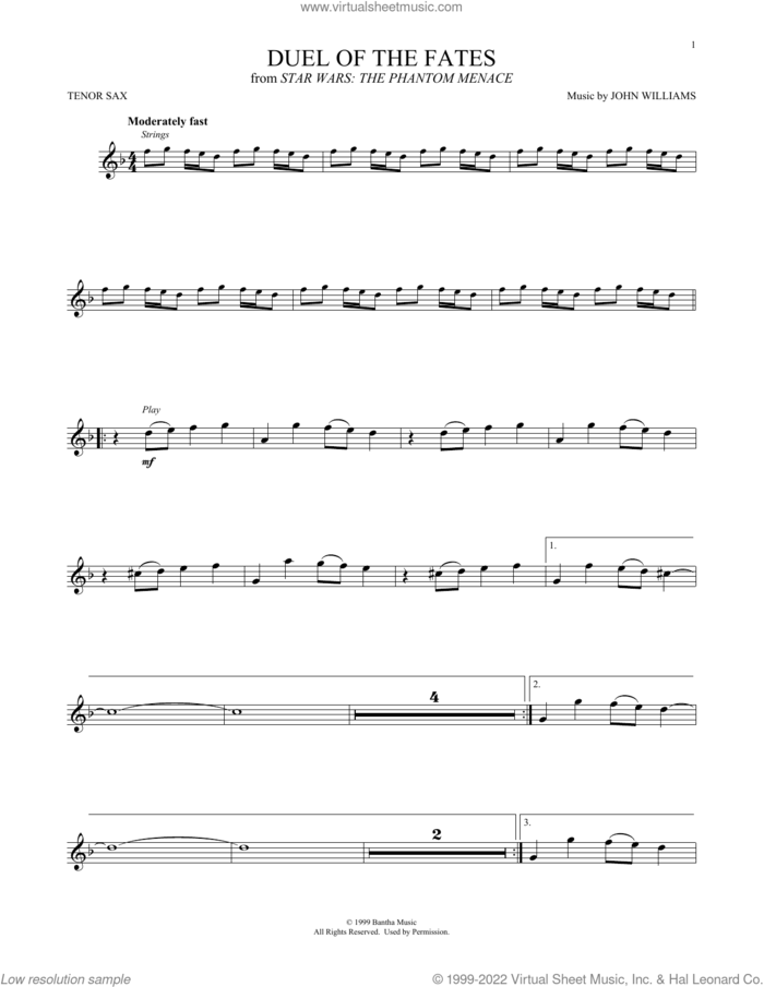 Duel Of The Fates (from Star Wars: The Phantom Menace) sheet music for tenor saxophone solo by John Williams, intermediate skill level