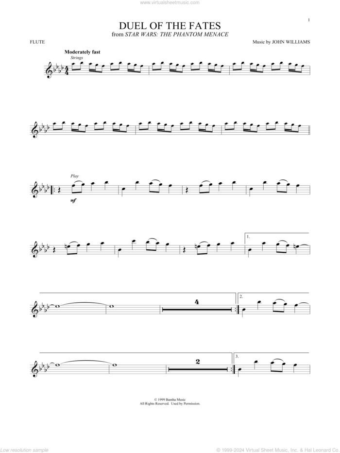 Duel Of The Fates (from Star Wars: The Phantom Menace) sheet music for flute solo by John Williams, intermediate skill level