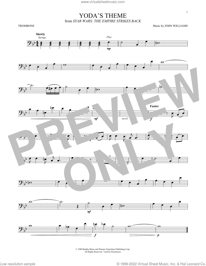 Yoda's Theme (from Star Wars: The Empire Strikes Back) sheet music for trombone solo by John Williams, intermediate skill level