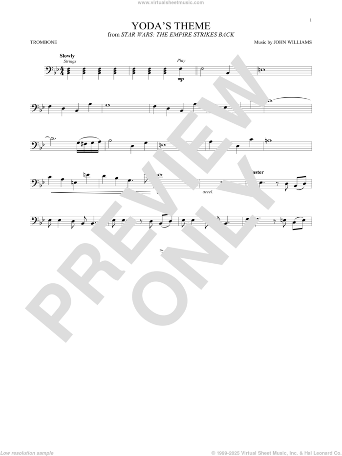 Yoda's Theme (from Star Wars: The Empire Strikes Back) sheet music for trombone solo by John Williams, intermediate skill level