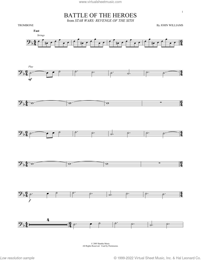 Battle Of The Heroes (from Star Wars: Revenge Of The Sith) sheet music for trombone solo by John Williams, intermediate skill level