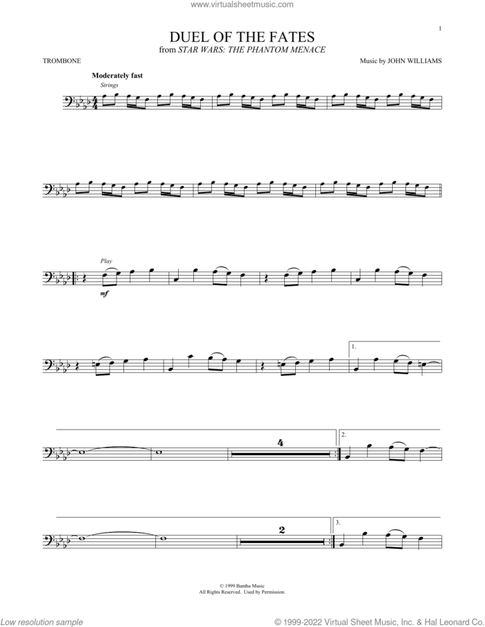 Duel Of The Fates (from Star Wars: The Phantom Menace) sheet music for trombone solo by John Williams, intermediate skill level