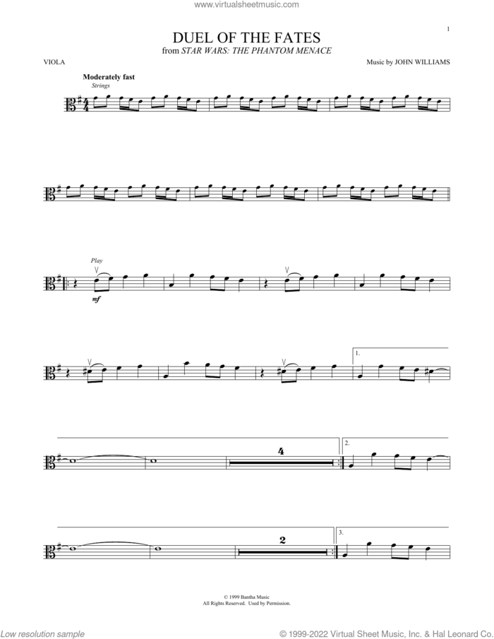 Duel Of The Fates (from Star Wars: The Phantom Menace) sheet music for viola solo by John Williams, intermediate skill level