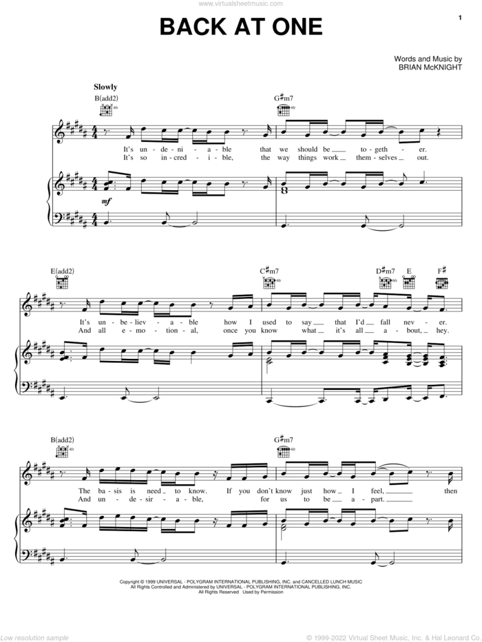 Back At One sheet music for voice, piano or guitar by Brian McKnight, wedding score, intermediate skill level