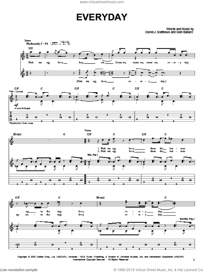 Everyday sheet music for guitar solo (chords) by Dave Matthews Band and Glen Ballard, easy guitar (chords)