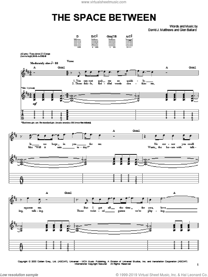 The Space Between sheet music for guitar solo (chords) by Dave Matthews Band and Glen Ballard, easy guitar (chords)
