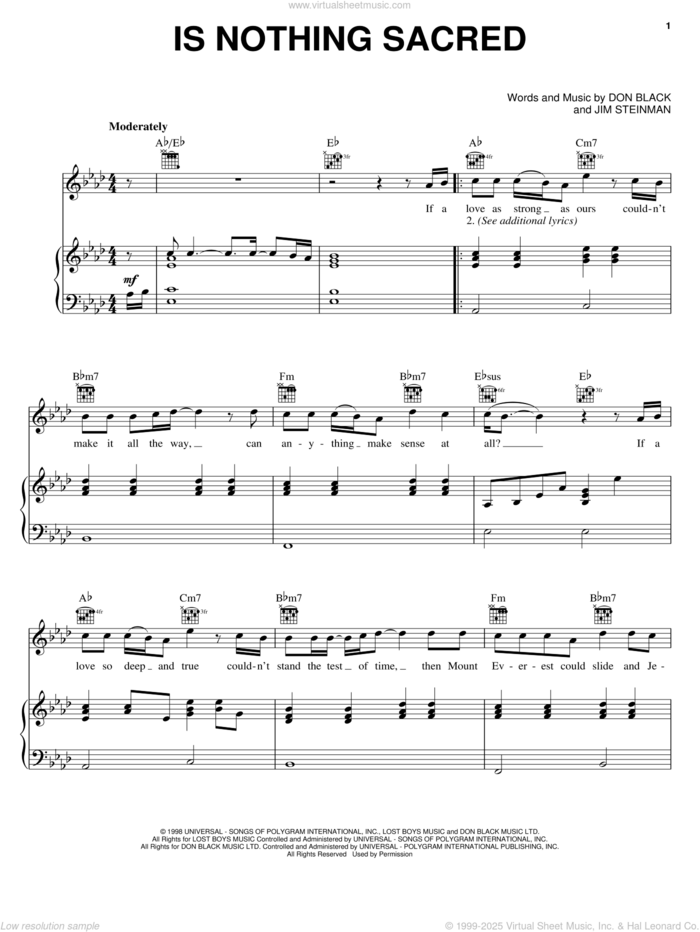 Is Nothing Sacred sheet music for voice, piano or guitar by Meat Loaf, Don Black and Jim Steinman, intermediate skill level