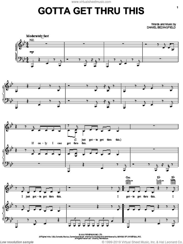 Gotta Get Thru This sheet music for voice, piano or guitar by Daniel Bedingfield, intermediate skill level