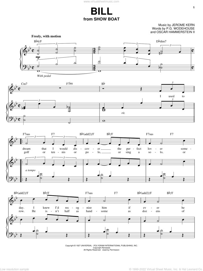 Bill sheet music for voice, piano or guitar by Audra McDonald, Peggy Lee, Show Boat (Musical), Jerome Kern, Oscar II Hammerstein and P.G. Wodehouse, intermediate skill level