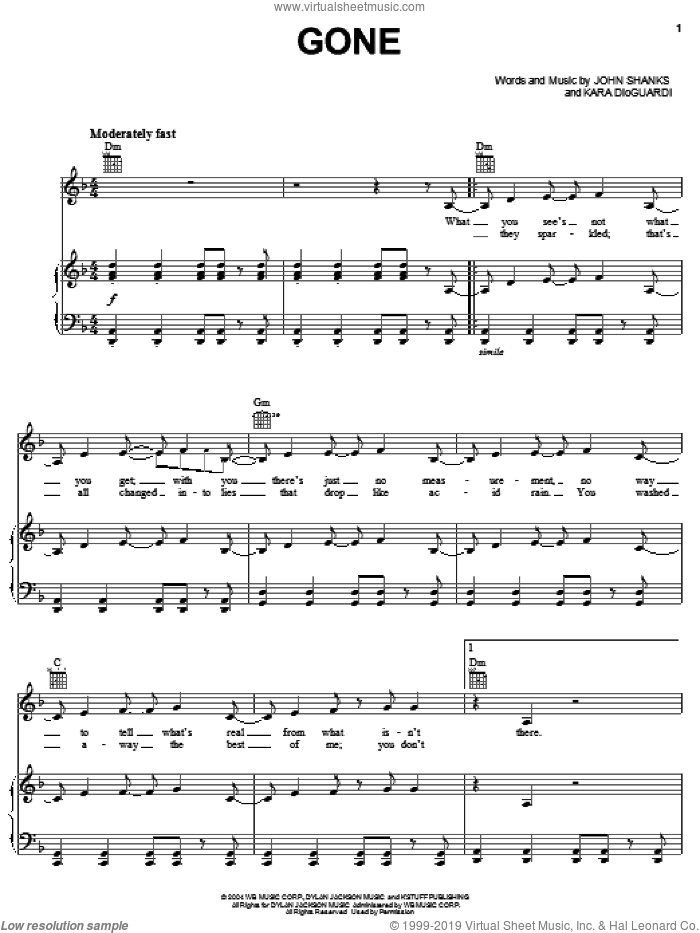 Gone sheet music for voice, piano or guitar by Kelly Clarkson, John Shanks and Kara DioGuardi, intermediate skill level