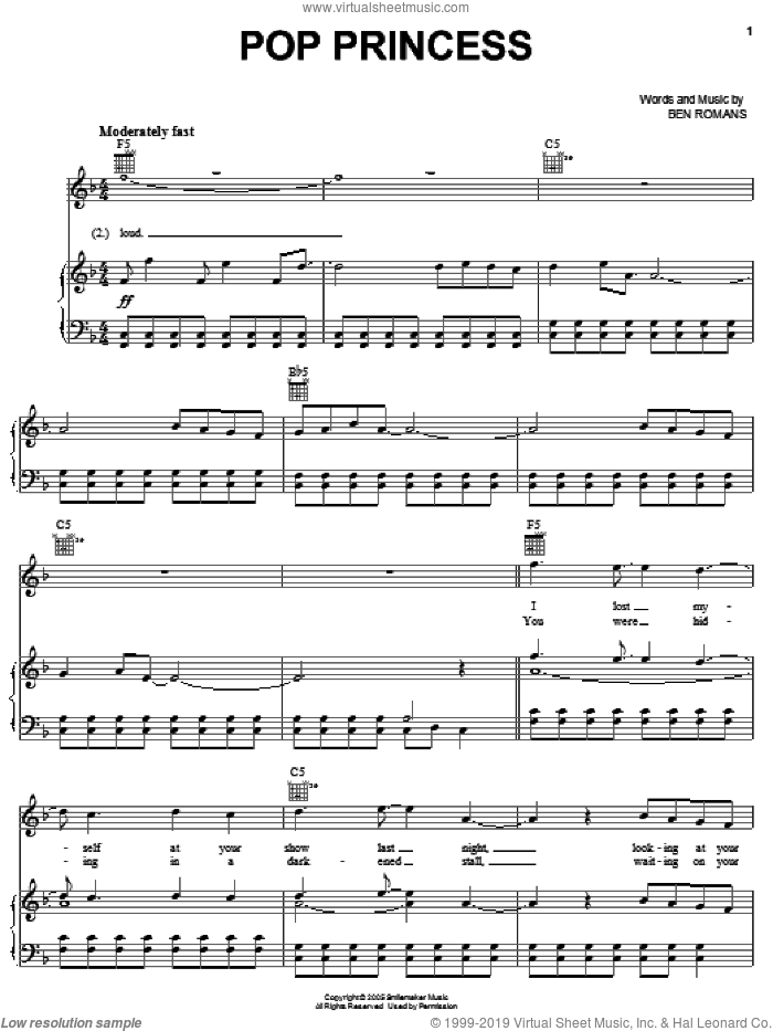 Pop Princess sheet music for voice, piano or guitar by The Click Five, Hannah Montana and Ben Romans, intermediate skill level